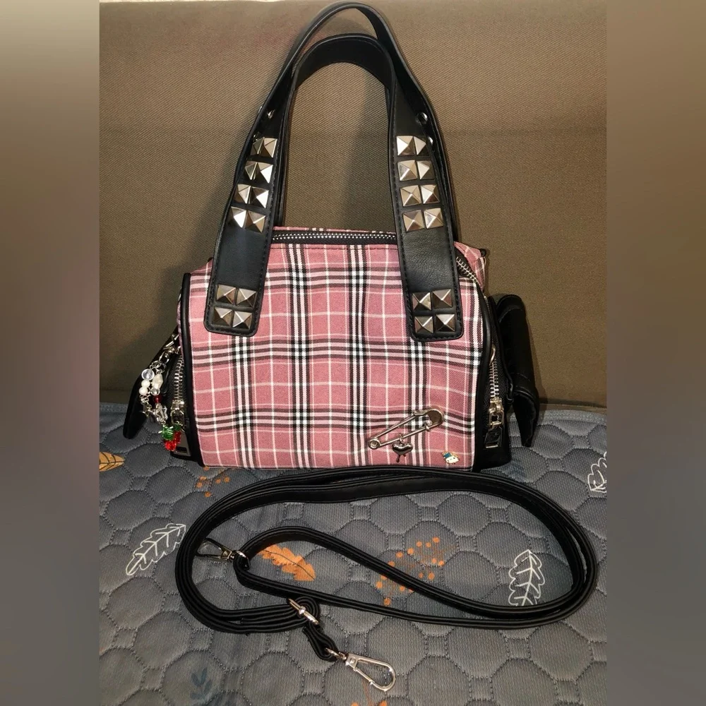 Plaid Pink Stud-Accent Satchel Handbag